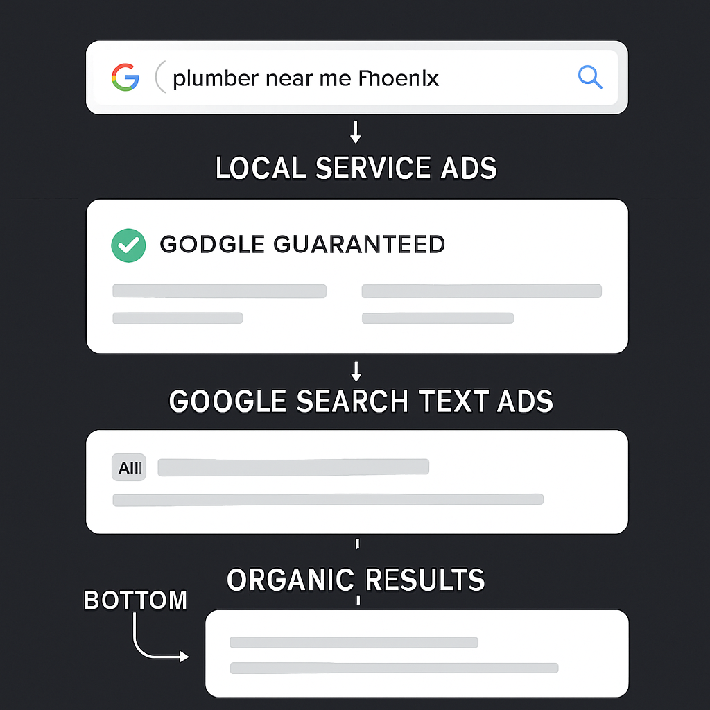 Google search results page showing LSAs at top, then Google Ads text ads, then organic results