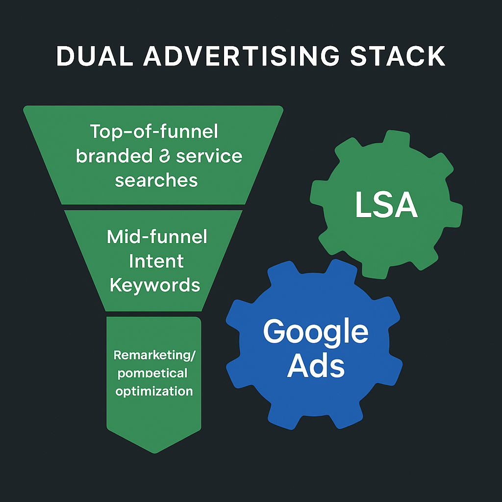 Strategy diagram showing LSA and Google Ads working together as a dual advertising stack for service businesses
