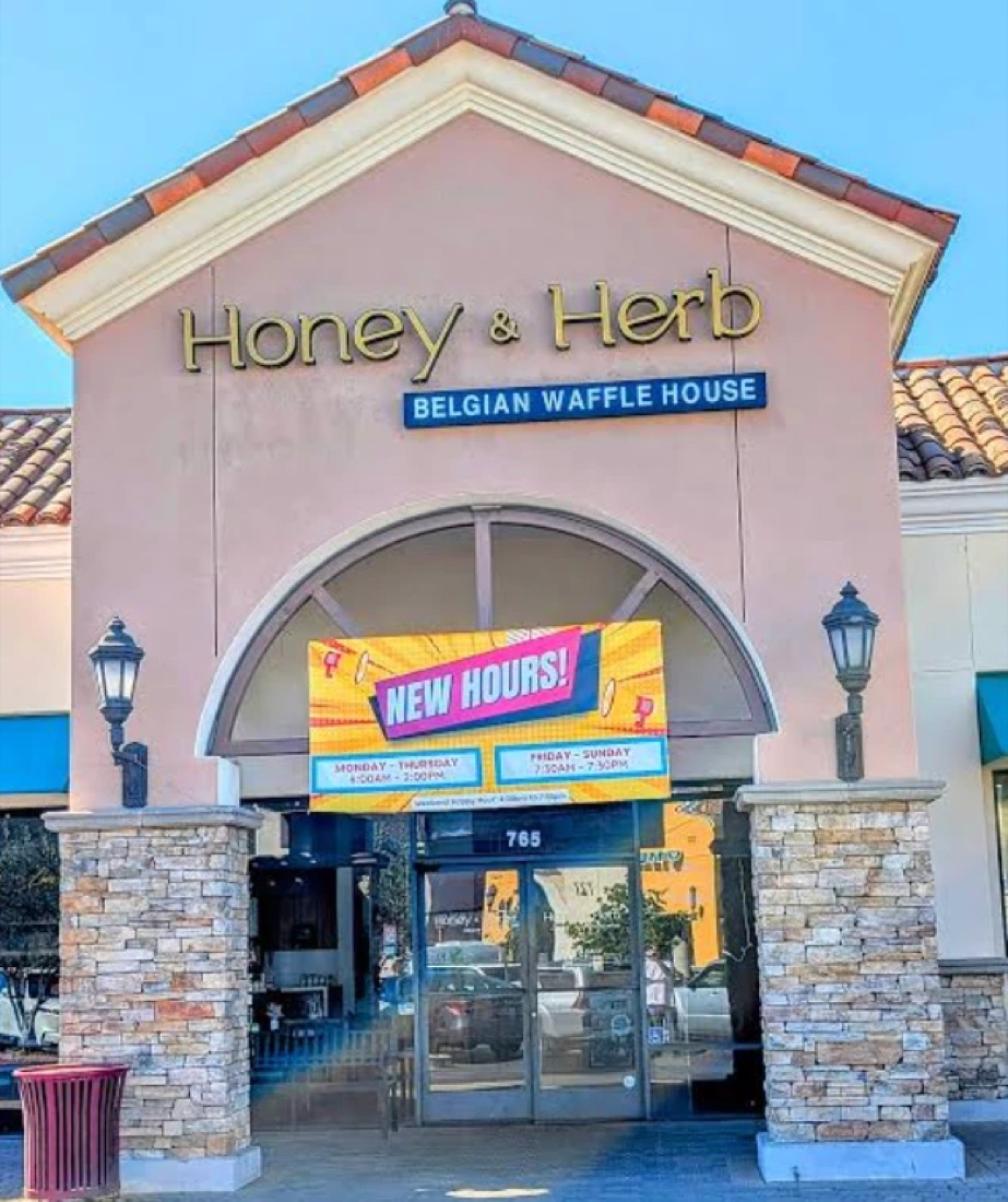 Exterior storefront of Honey & Herb Belgian Waffle House in Thousand Oaks, CA