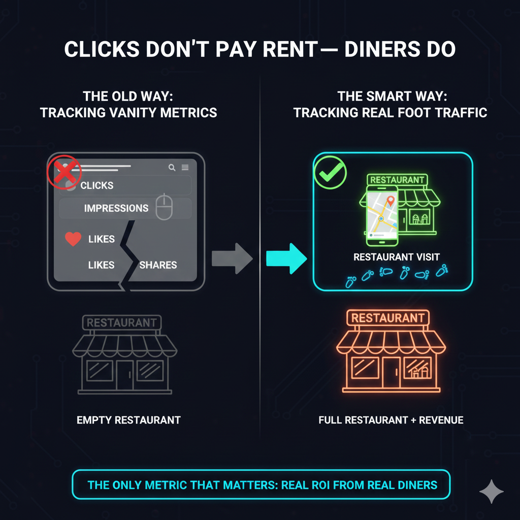 Clicks Don't Pay Rent - Diners Do: Comparison showing the old way of tracking vanity metrics like clicks and impressions leading to empty restaurants versus the smart way of tracking real foot traffic leading to full restaurants and revenue
