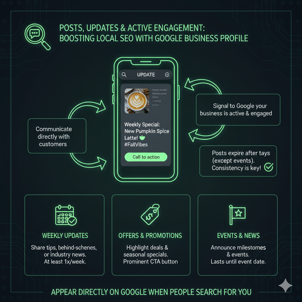 Posts, Updates & Active Engagement infographic showing how GBP posts boost local SEO with weekly updates, offers, and events