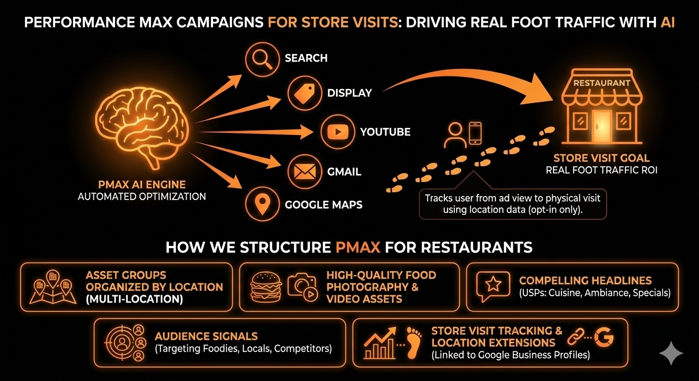 Performance Max campaign structure for restaurants showing AI engine, ad channels (Search, Display, YouTube, Gmail, Google Maps), and store visit tracking flow