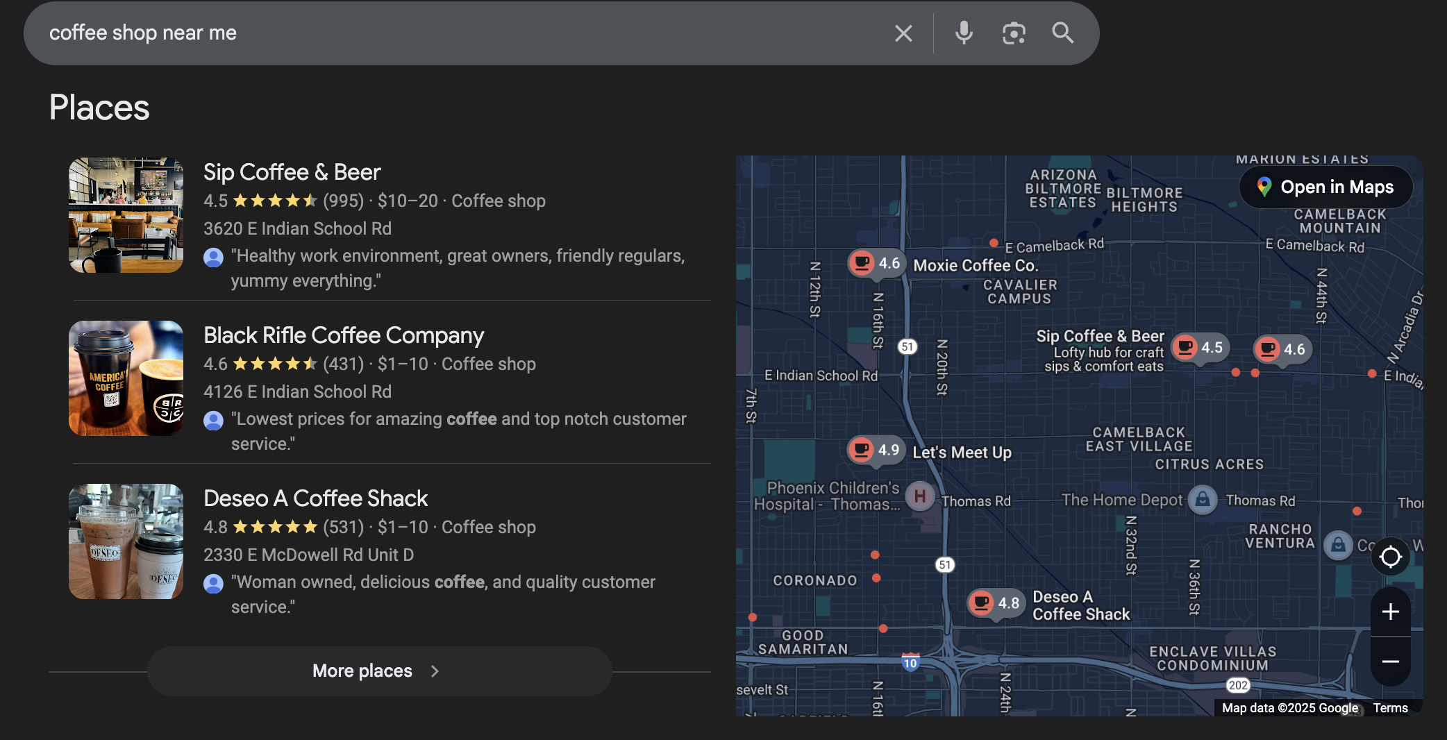 Google Local Pack search results for 'coffee shop near me' showing 3 business listings with ratings, reviews, prices, and a map - the prime real estate for local SEO