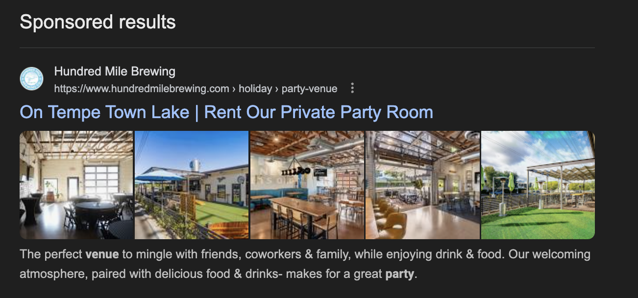 Google Ads sponsored result example for Hundred Mile Brewing showing private party room event space marketing with image assets featuring indoor venue, bar area, patio, and outdoor spaces