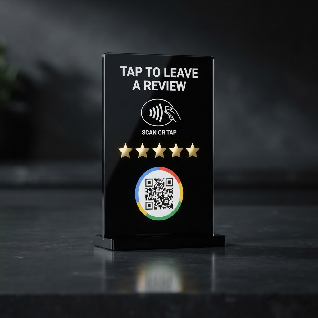 Acrylic Counter Stand — Google review product by Casaccio Media