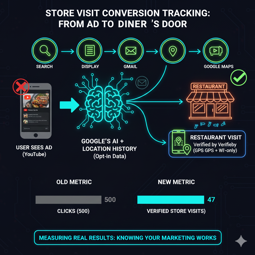 Store Visit Conversion Tracking infographic showing the journey from ad impression to verified restaurant visit, comparing 500 clicks (old metric) vs 47 verified store visits (new metric)