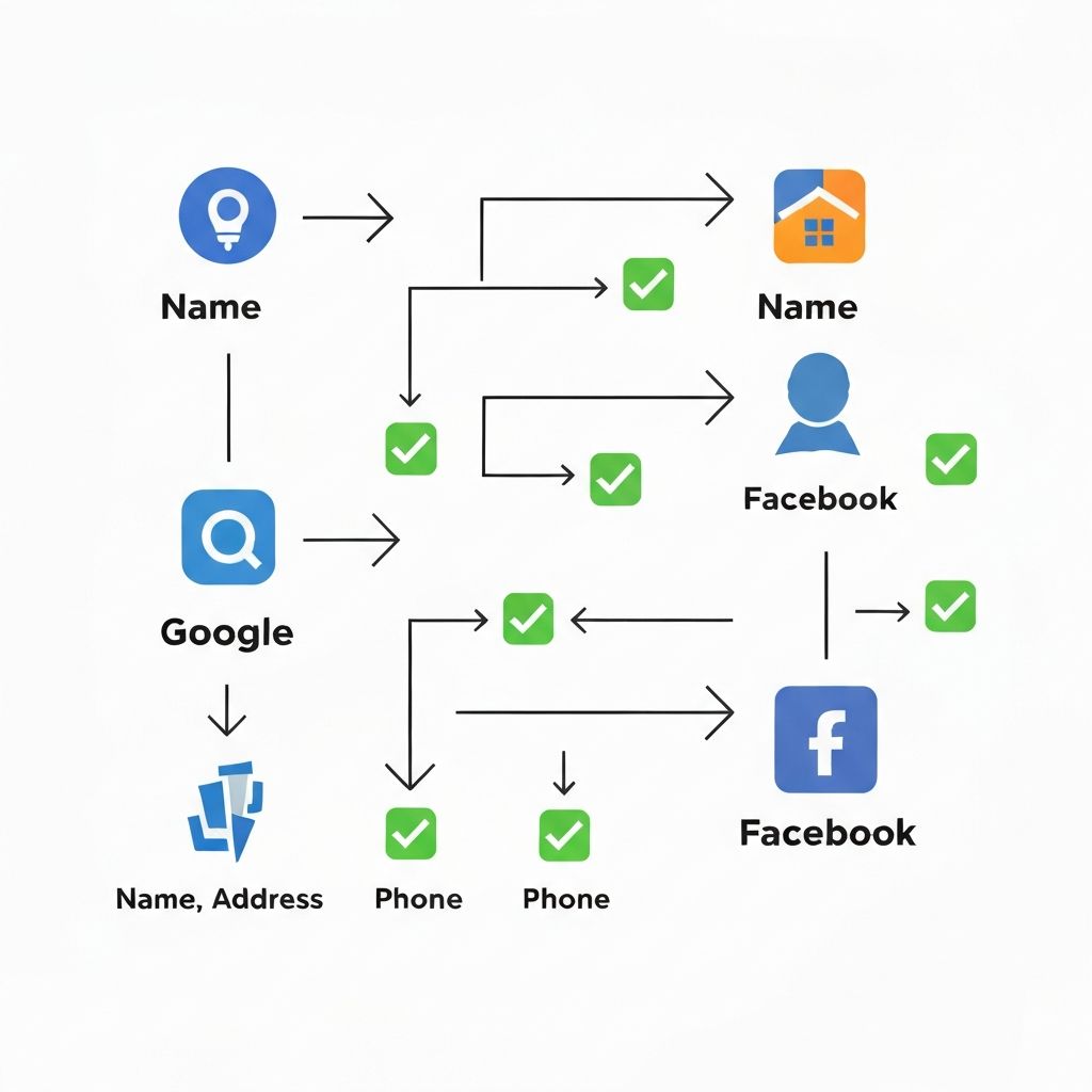 NAP Consistency diagram showing identical business name, address, and phone number across all platforms